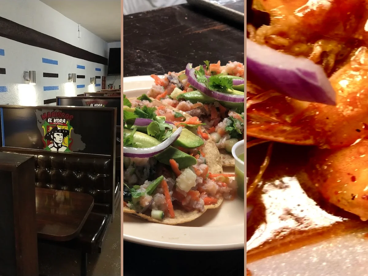 Seafood dishes on a restaurant table.