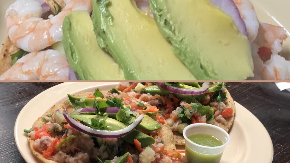 Colorful plates of ceviche and shrimp.
