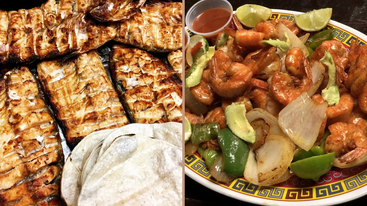 Seafood dishes on a restaurant table.